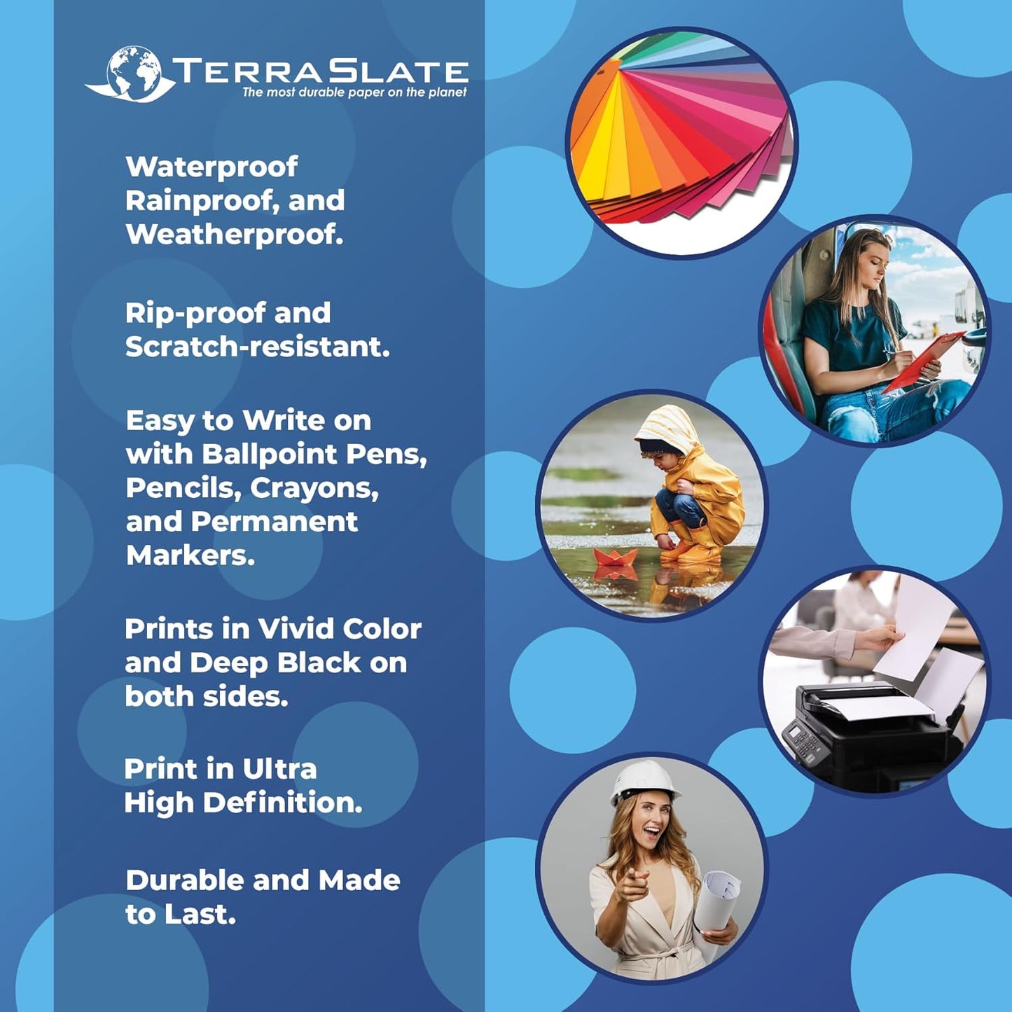 TerraSlate Premium Waterproof Paper, 5 MIL 8.5” x 11”, Laser Printer & Copy Machine Compatible, Durable & Rain/Weather-Proof Copy Paper, White Paper (100 Sheets)