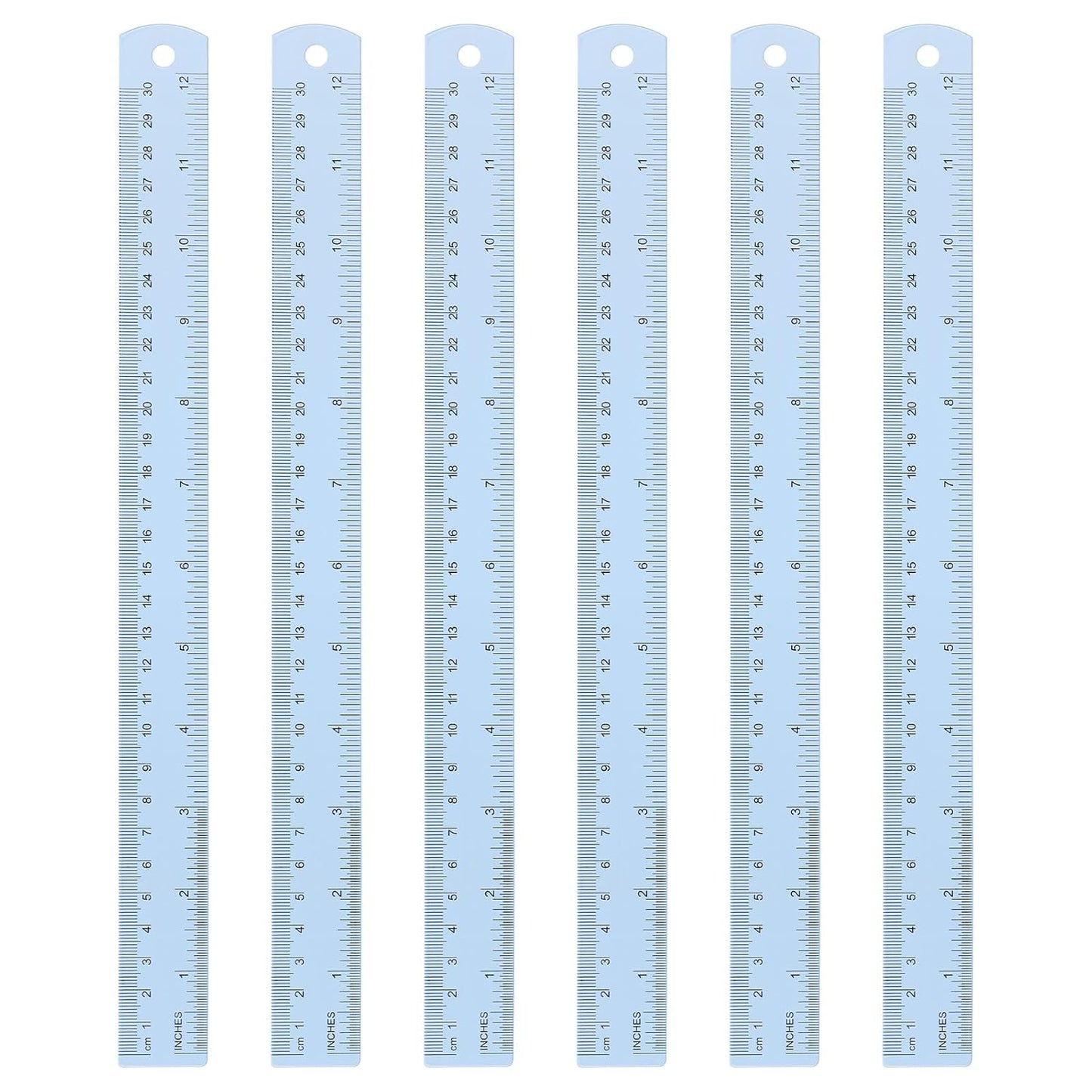 HARFINGTON 6pcs Metal Straight Ruler 30cm Metric SAE Aluminum Alloy Measuring Rulers Scale Tool with Hole for Measure Study Reading Classroom Office, Light Blue