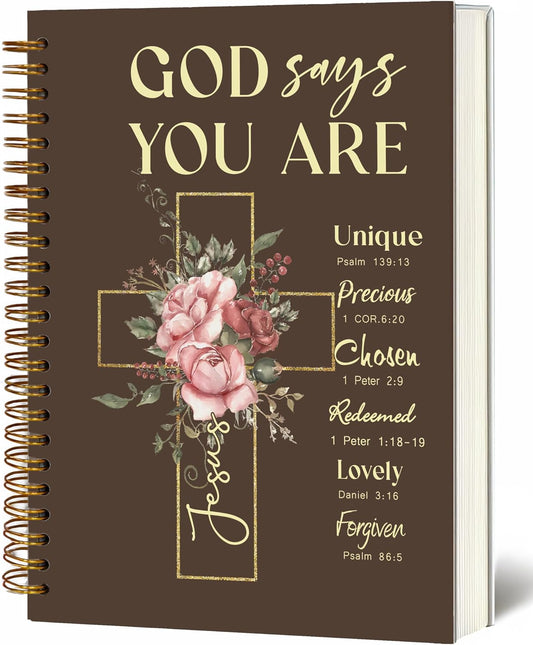 Bible Notebook, A5 Spiral Christian Journal with Floral Notebook, Bible Verse-God Says You Are, Inspirational Notebooks for Women, Bible Study, Gift for Birthday Christmas, Office Supplies (Brown)