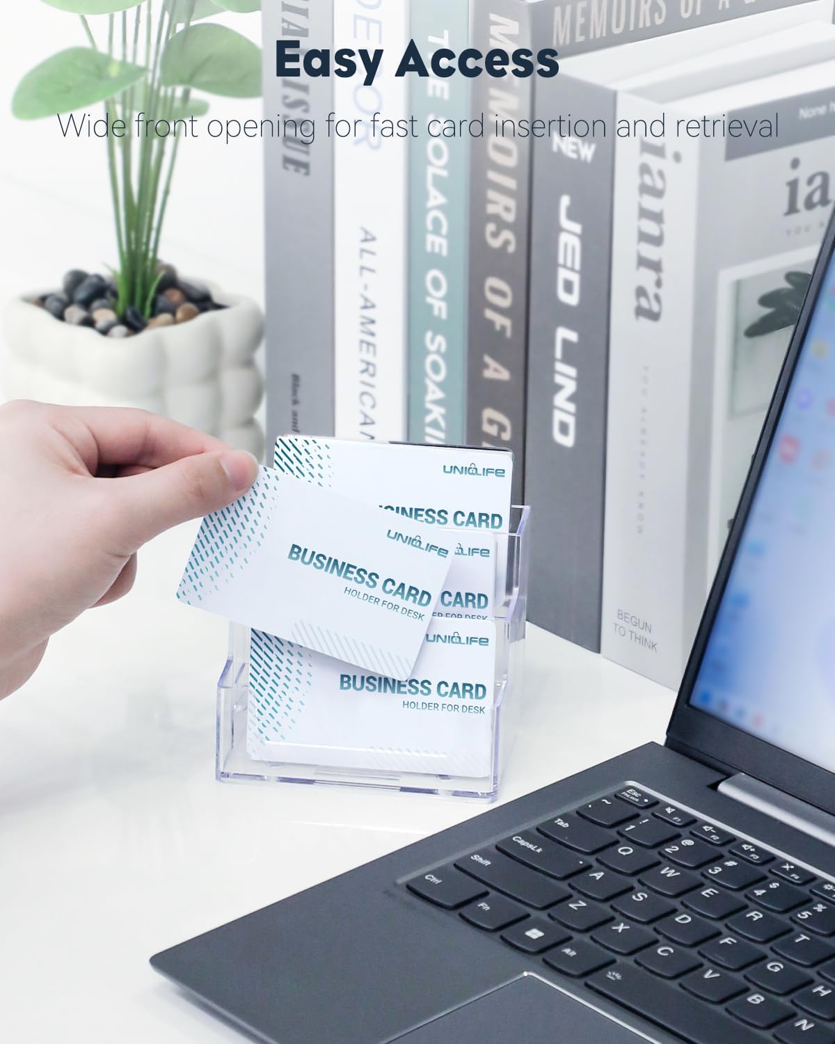 Uniclife 4 Pack Acrylic Business Card Holder for Desk 3 Slots Clear Business Card Display Stand for Men & Women Desktop Business Card Organizer Card Stand for Office Home Exhibition, 180 Card Capacity