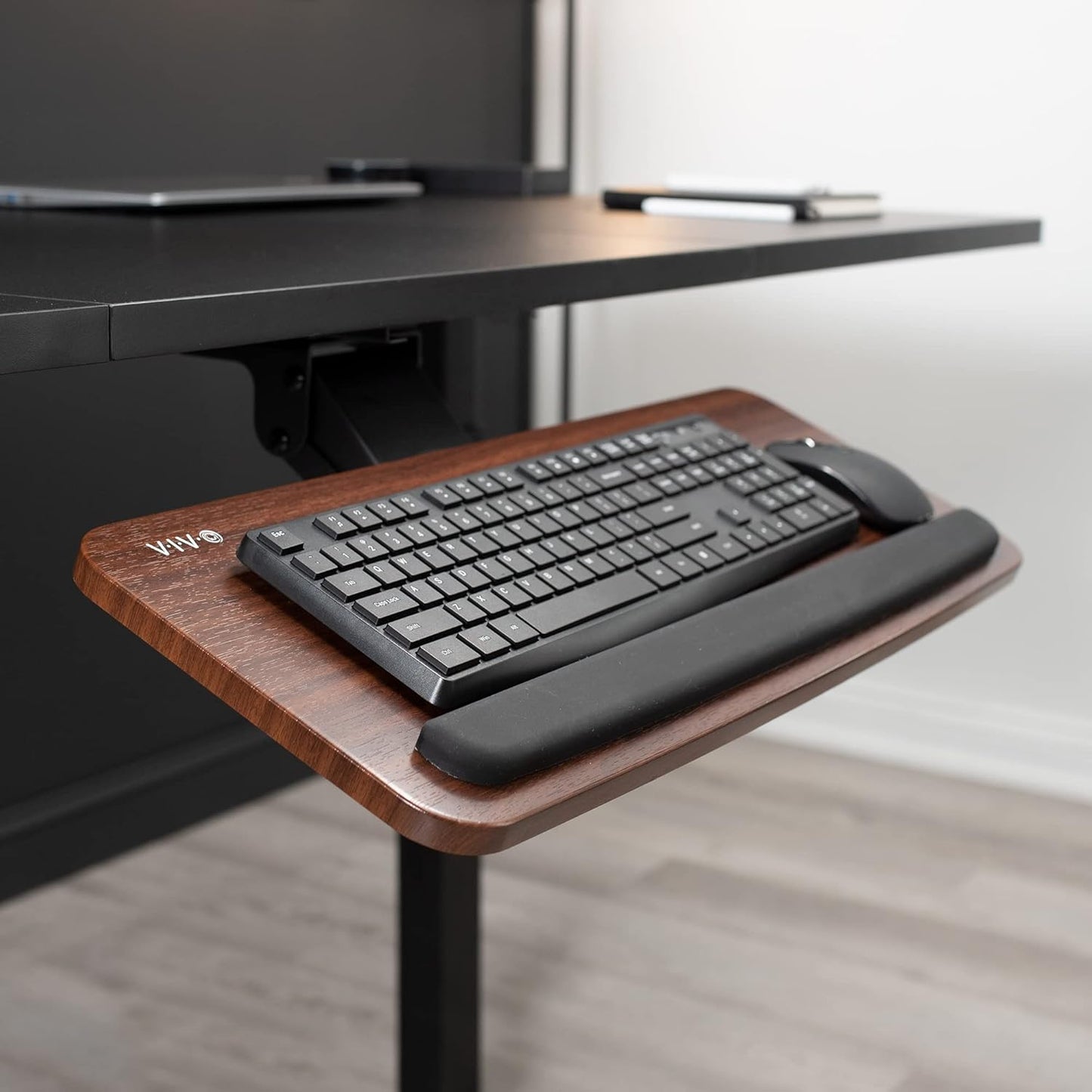 VIVO Adjustable Computer Keyboard and Mouse Platform Tray, Ergonomic Under Table Desk Mount Drawer Underdesk Shelf, Dark Wood Top, Black Frame, MOUNT-KB03D