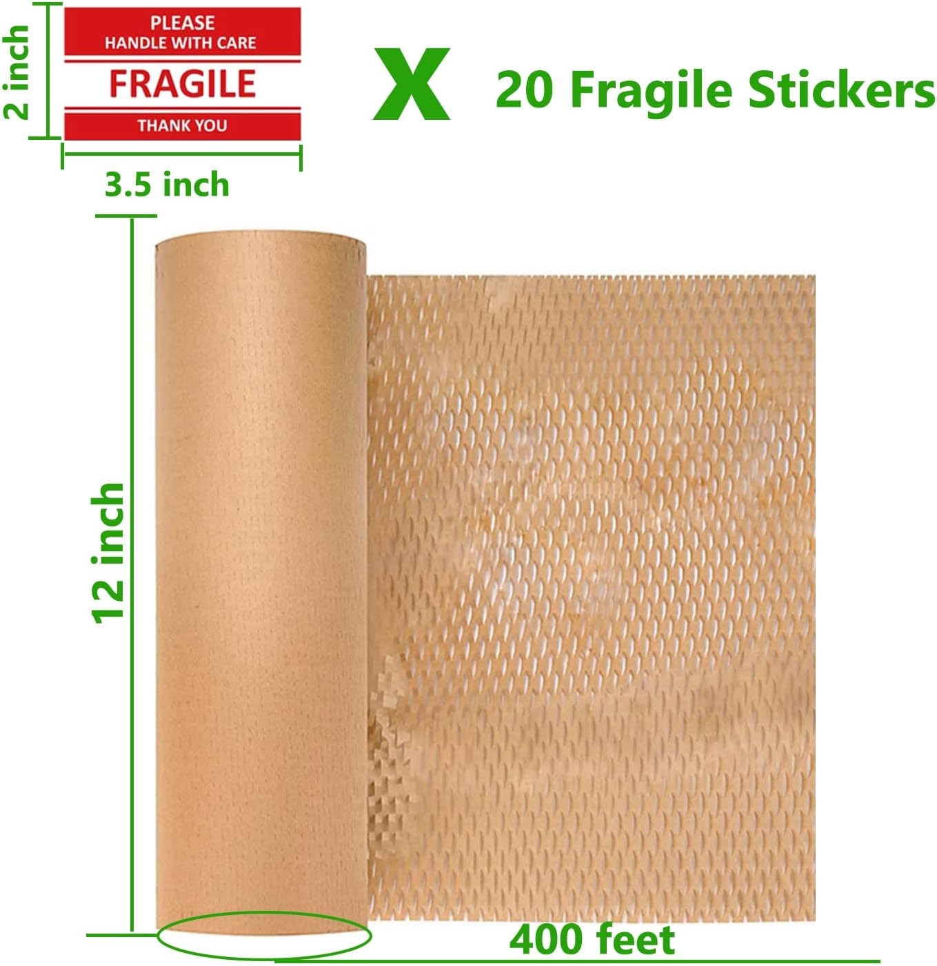 Honeycomb Packing Paper, 12" x 400' Honeycomb Cushioning Wrap Roll for Moving Shipping Packaging Gifts, Recyclable Honeycomb Paper Bubble Paper Wrapping with 20 Fragile Sticker Labels