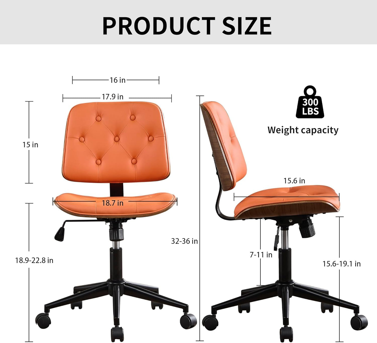 Small Armless Desk Chair – PU Leather Mid-Back Ergonomic Office Chair with Adjustable Height, Swivel Wheels, Walnut Frame, Ideal for Small Office, Study, or Bedroom, Orange