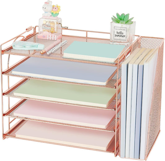 AUPSEN Rose Gold Desk Accessories Organizer,5-Tier Desktop Paper File Organizer with Adjustable File Holder, Office Desk Accessories for Office Supplies