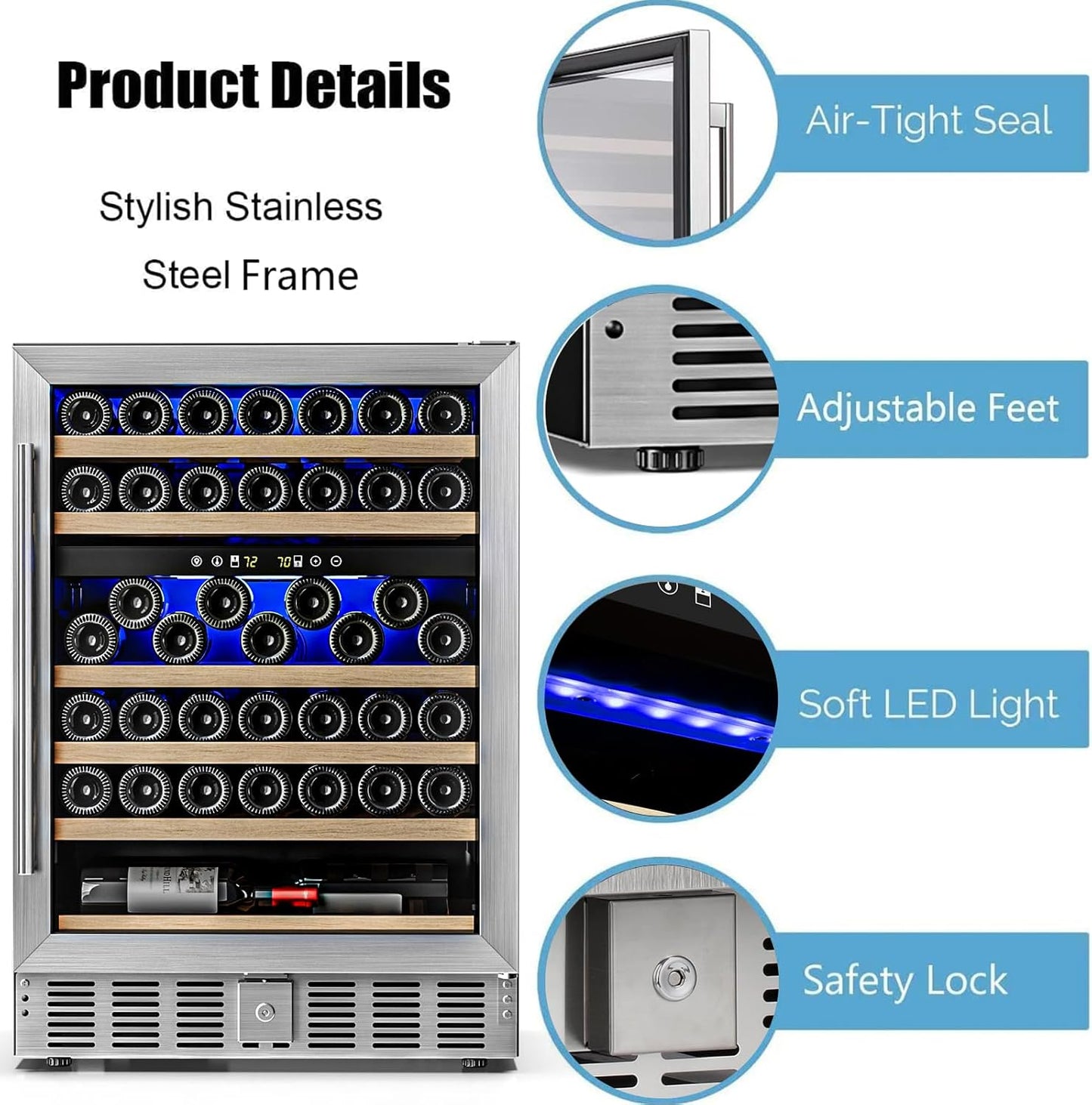 Antarctic Star 24 Inch Wine Fridge, 52 Bottle Wine Cooler Refrigerator. 39-64°F Dual Zone Wine Refrigerator Glass Door, Built in or Freestanding Under Counter Fridge for Home Bar Office