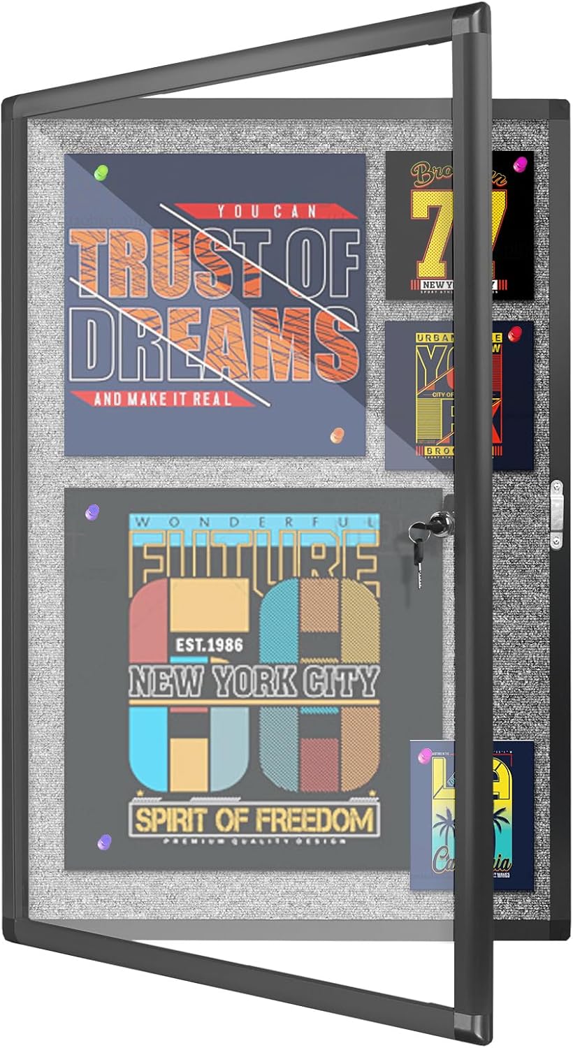 Outdoor Enclosed Bulletin Board, Grey Felt Weatherproof Notice Noticeboard with Clear Acrylic Locking Door, Wall-Mounted Black Aluminum Framed Display Case,36x24in (5xA4)