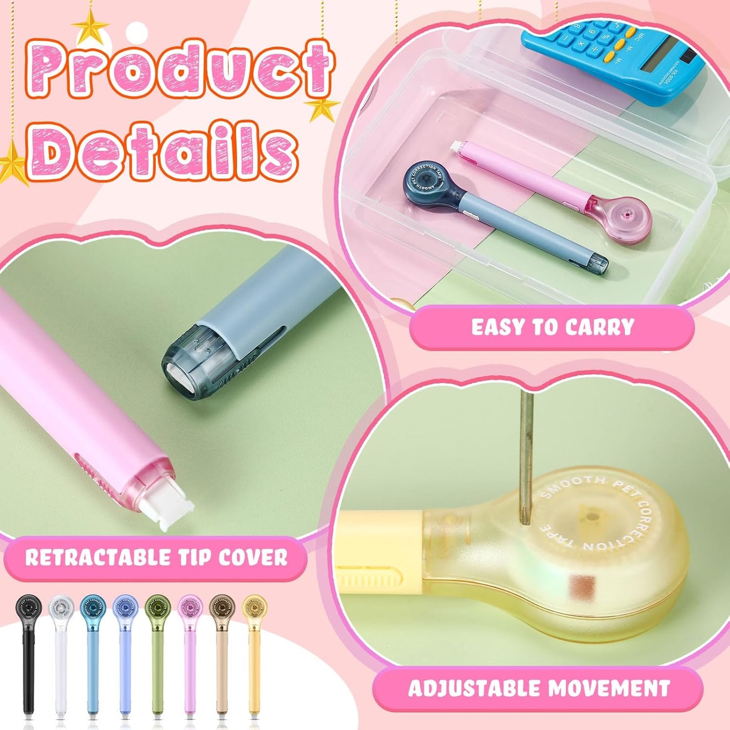 10 Pack Correction Tape Pen Correctional Ink Tape Push Pull Protective, Easy to Use Applicator for School Office Supplies, 0.2 x 236 Inch(Multicolor Color)