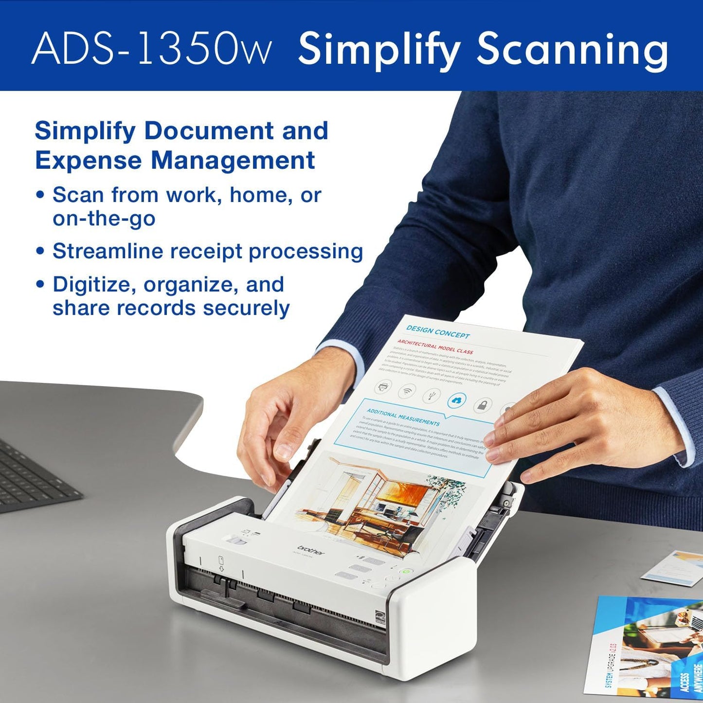 Brother ADS-1350W Wireless Compact Desktop Scanner | Scan Speeds of Up to 30ppm | Single Pass Double-Sided Scanning