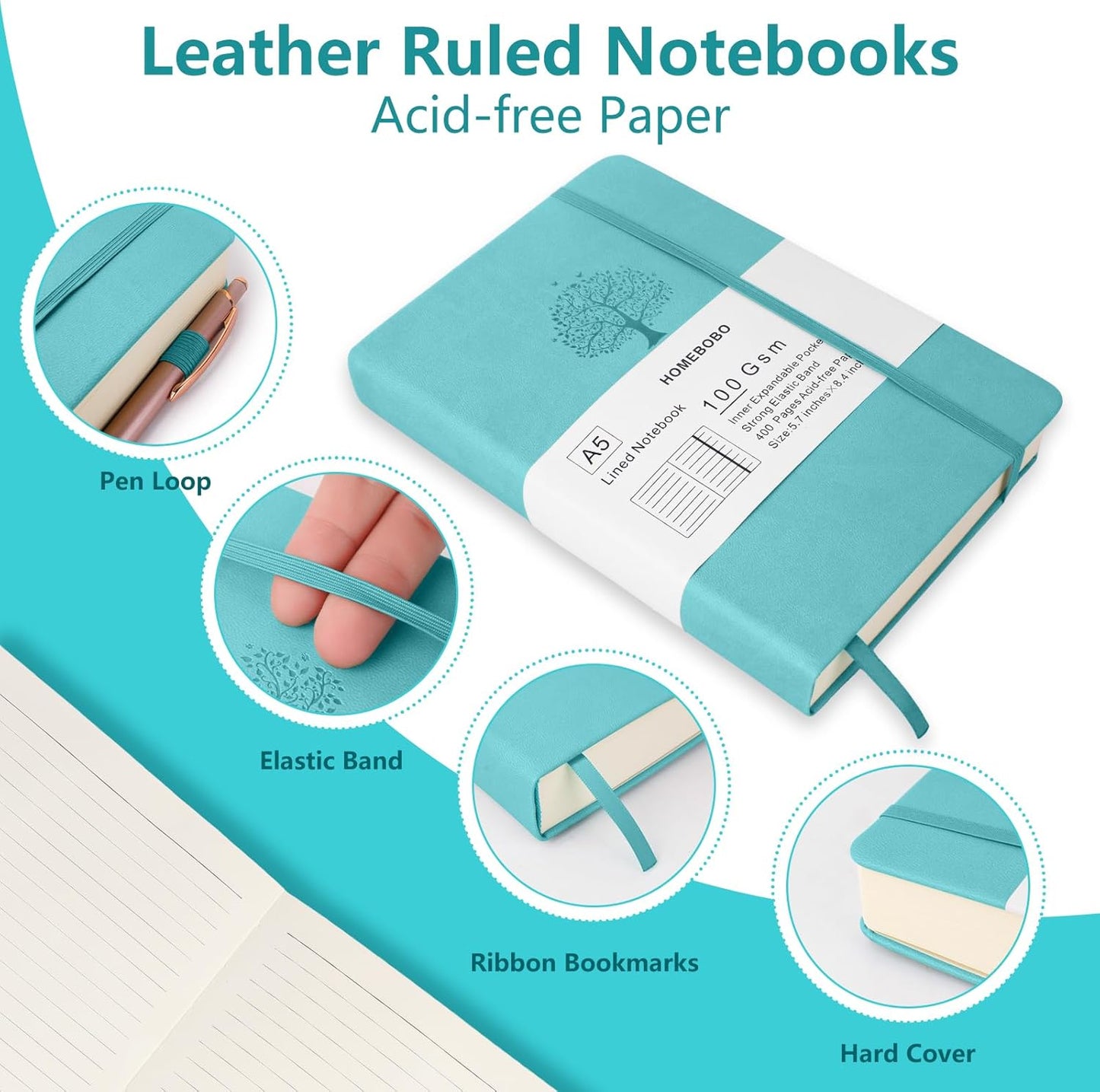 Journals for Writing, A5 Leather Ruled Notebook with 400 Pages, 100 Gms College Ruled Journal with Thick Paper, Hardcover with Inner Pocket & Pen Holder, Lake Green