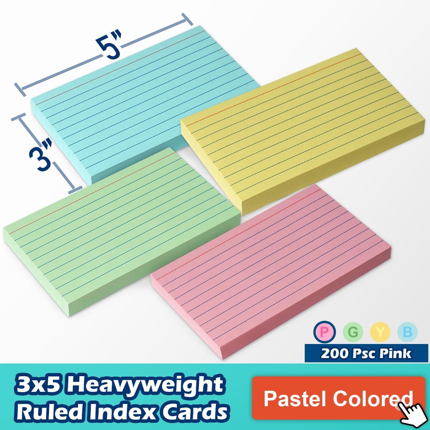 Pink Lined Index Cards 3x5 Ruled Note Cards 200 Count, 180 GSM Heavy Weight
