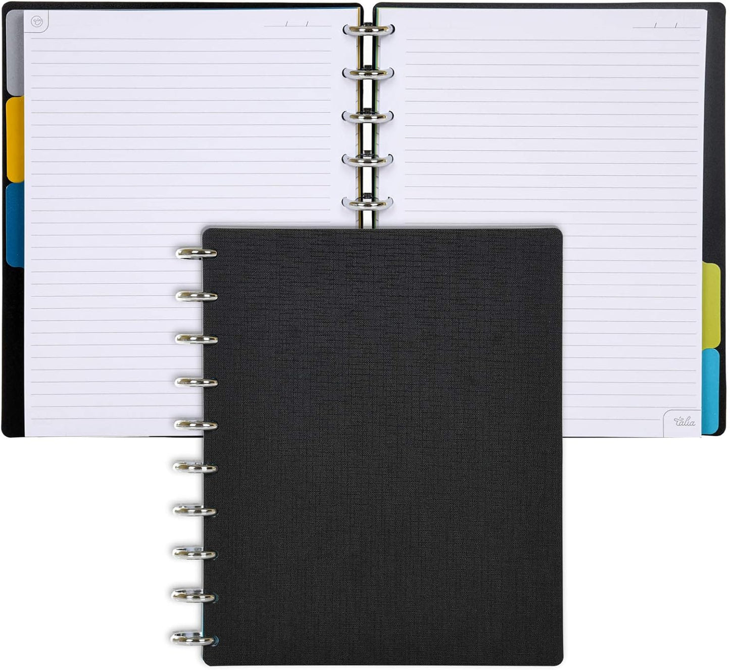 Talia Discbound Notebooks, Planner, Customizable, (yBlack w/Silver Discs, Midsize (7.5in x 9.75in))