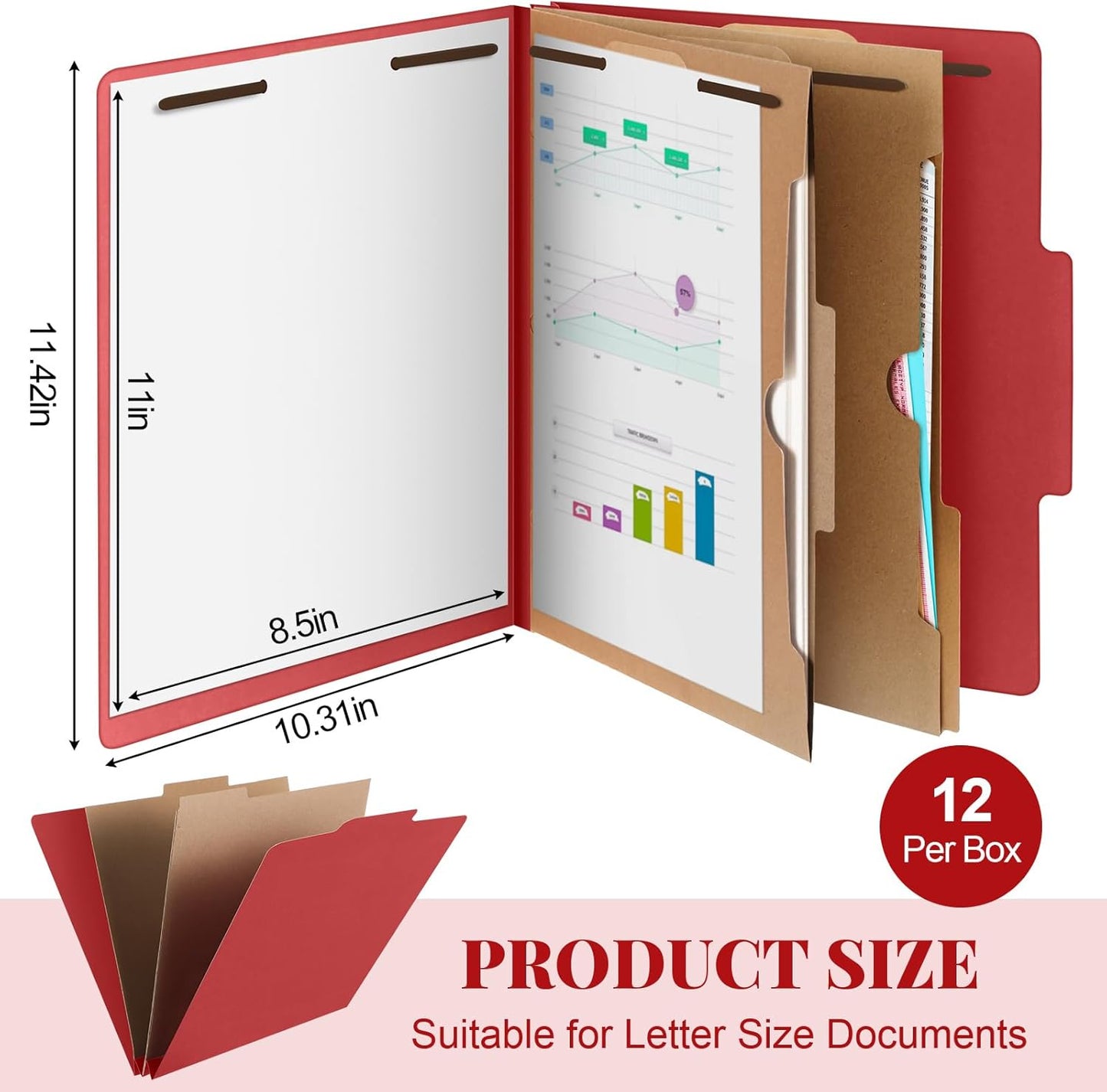 12 Pcs Classification Folders Letter Size, 2 Pocket Dividers Pressboard File Folder with Fasteners, Expanding File Organizer Bulk for Teachers, Clergy, Office, Church, Christmas (Red)