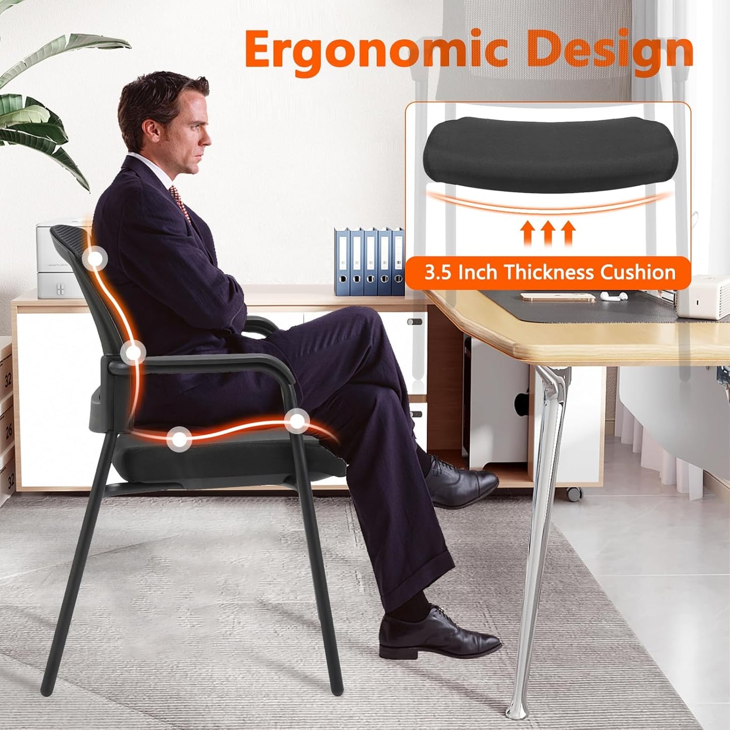 CLATINA Office Reception Guest Chair Mesh Back Stacking with Ergonomic Lumbar Support and Thickened Seat Cushion for Waiting Conference Room Black 4 Pack