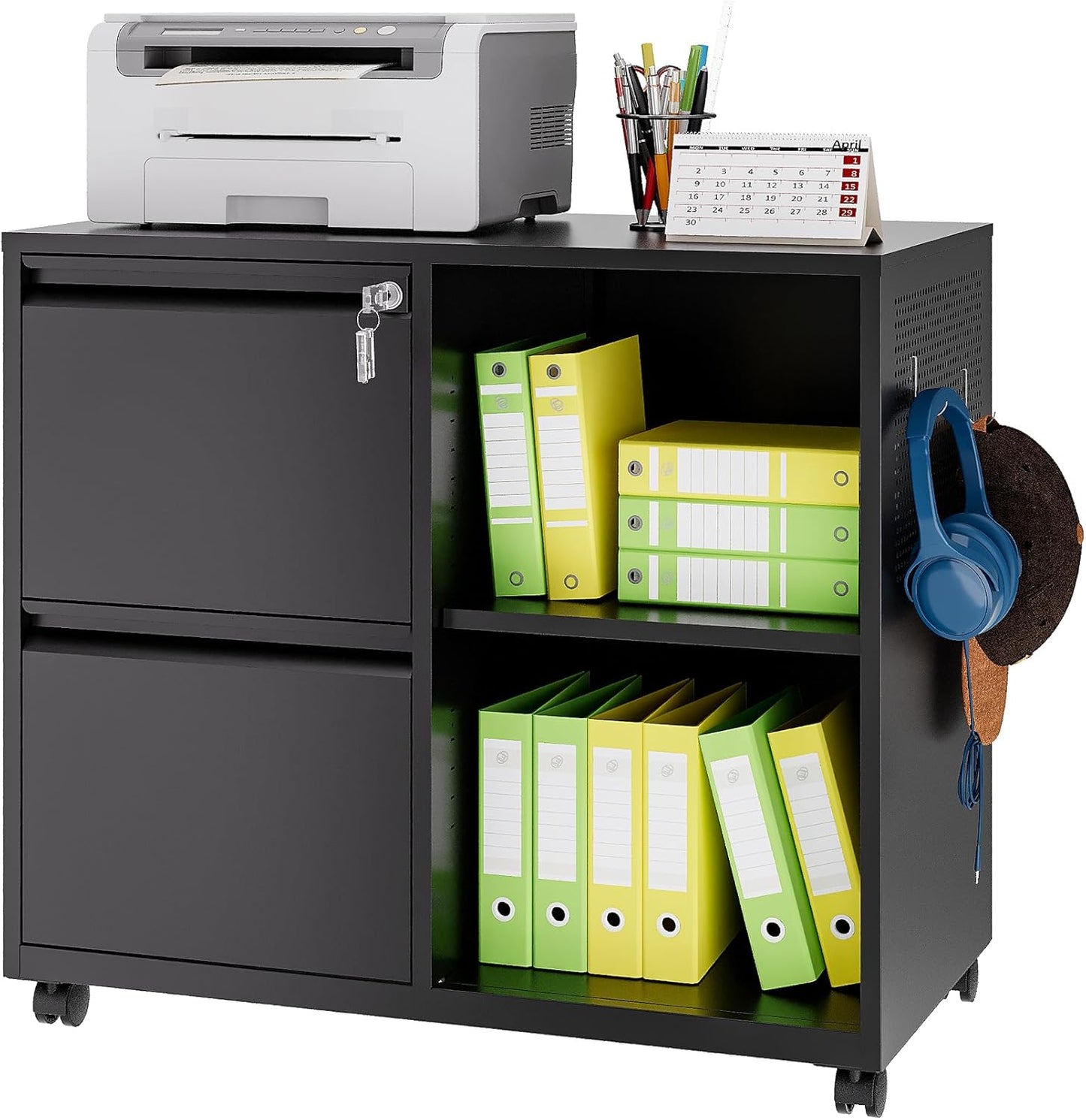 Lateral 2 Drawer Filing Cabinet with Lock, Mobile File Cabinet on Wheels, Printer Stand with Storage for Legal/Letter/A4 File Folders (Blcak)