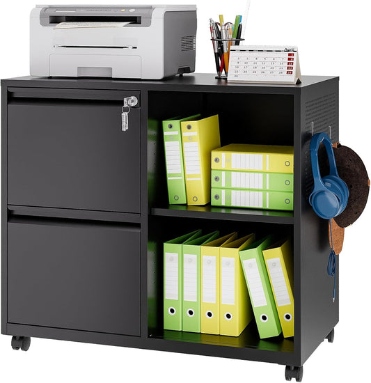 Lateral 2 Drawer Filing Cabinet with Lock, Mobile File Cabinet on Wheels, Printer Stand with Storage for Legal/Letter/A4 File Folders (Blcak)