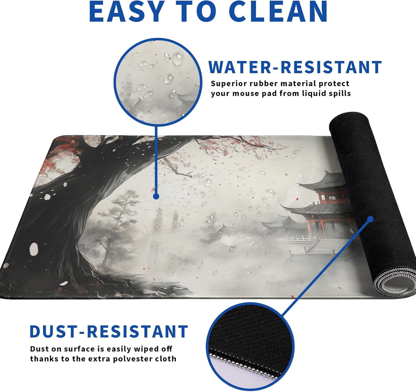 Retro Pagoda Mouse Pad Abstract Cherry Blossom Watercolor Mouse Pad 31.5x11.8 Inch Texture Non-Slip Rubber Base Large Mousepad Stitched Edges Keyboard Mouse Mat Desk Pad for Office