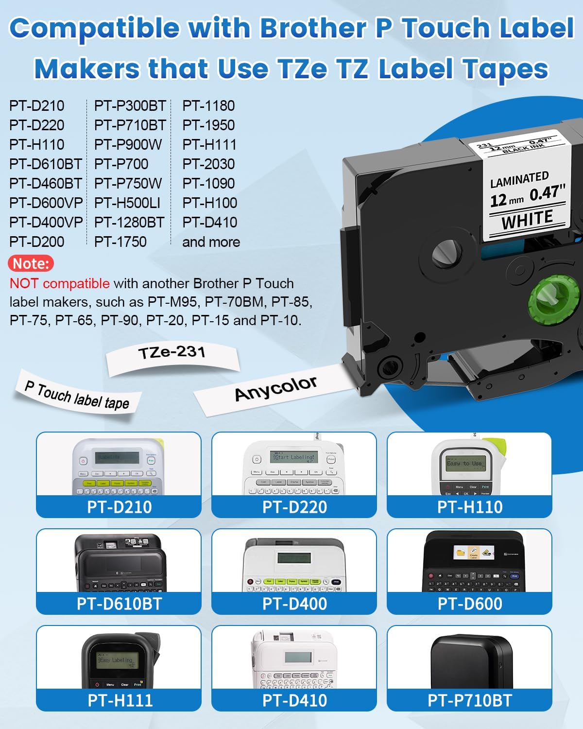 10-Pack Replace for Brother P Touch Label Maker Tape TZe-231 TZe TZ Tape 12mm 0.47 Laminated White TZe231 Label Tape for Brother Ptouch PT-D210 PT-D220 PT-H110 PT-D610BT PT-D600 PT-D410 PT-D400 PTH111