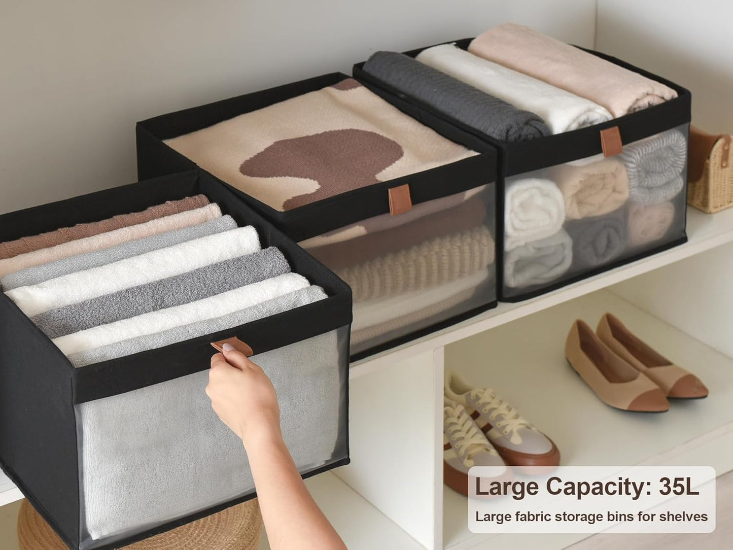 StorageWorks Closet Storage Bins, Extra Large Storage Baskets with Clear Window and Handles, Foldable Fabric Organizer for Clothes, Shelves, Black, 3 Pack