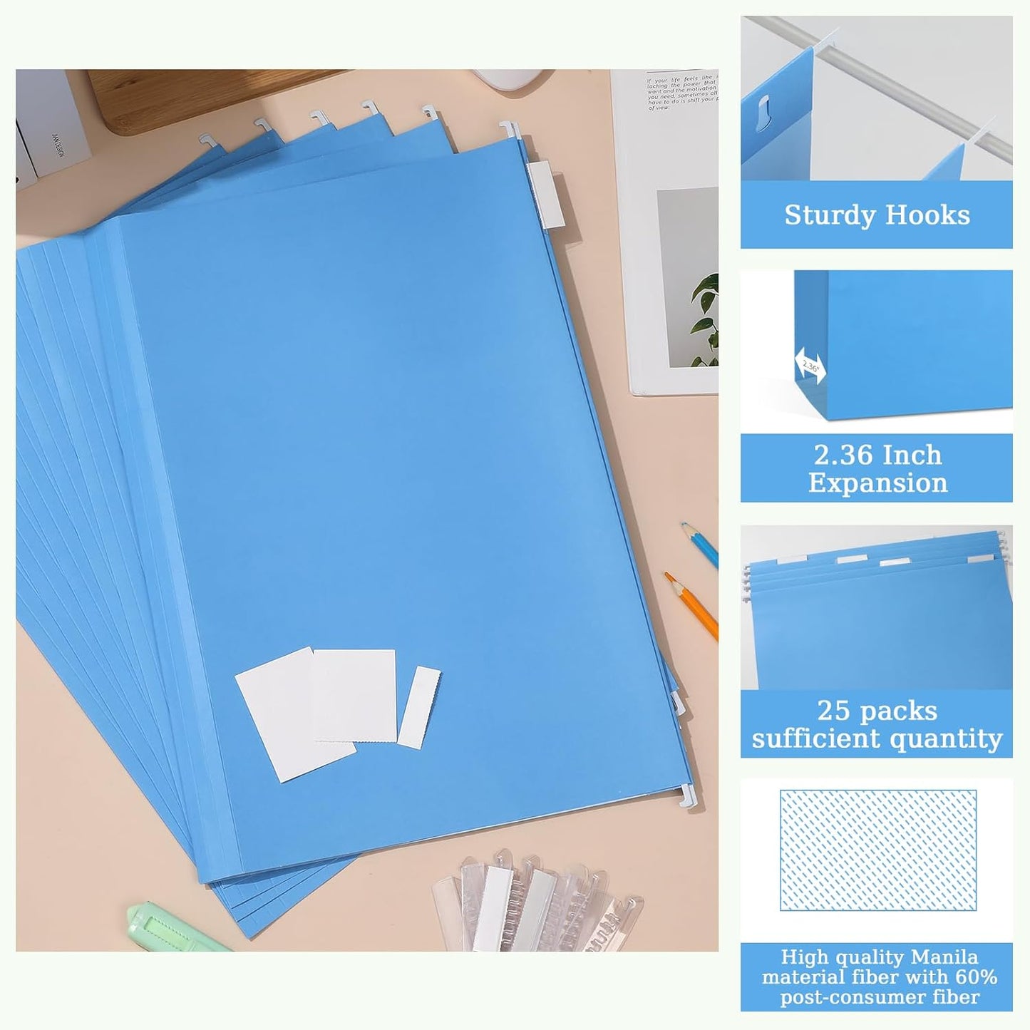gisgfim 25 Pack Reinforced 11x17 Hanging File Folders 1/5 Cut Heavy Duty Hanging File Folders with Plastic Tabs & Label Cards Expanding Hangers File Organizer for Drawing Engineering Document (Blue)