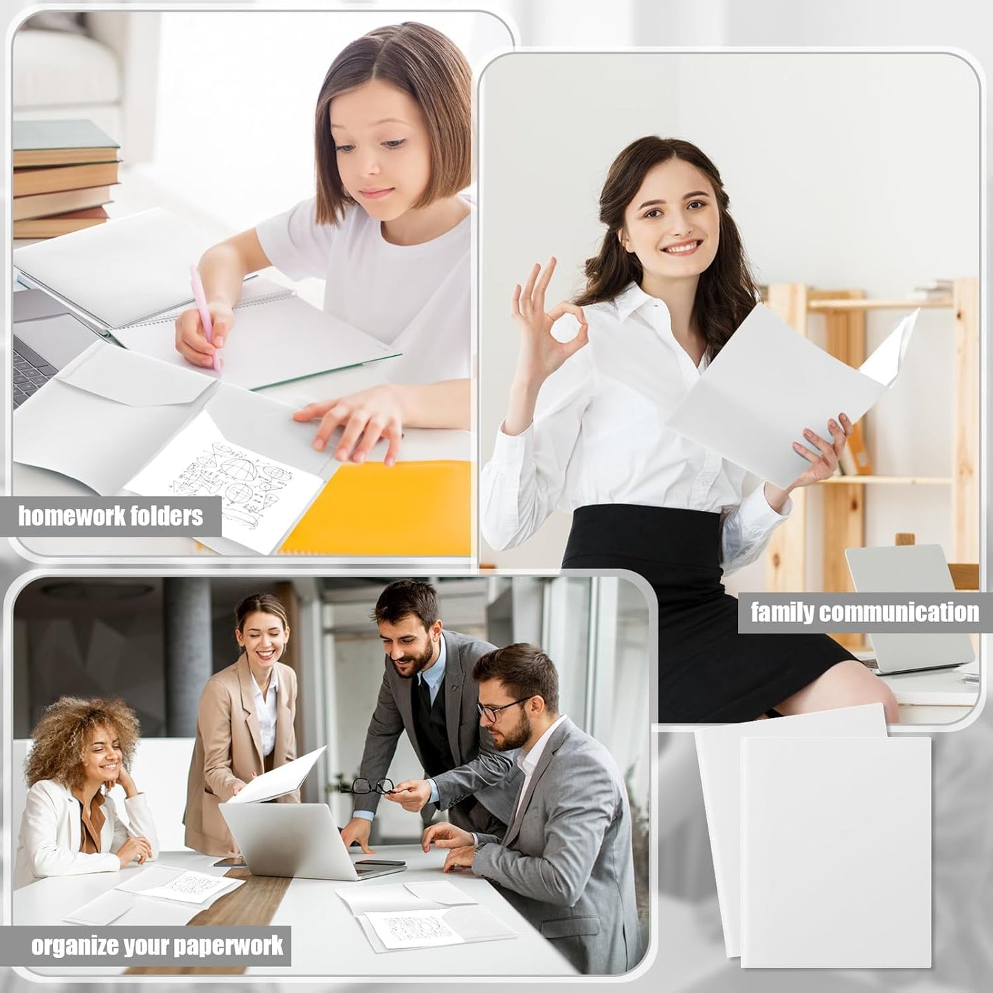 Gueevin 150 Pcs Plastic Folders with Pockets, Two Pocket Folder Fit 8.5 x 11 Inch Letter Size Paper, Heavy Duty School Folders Business Card Holder for Home Office School Bussiness (White)