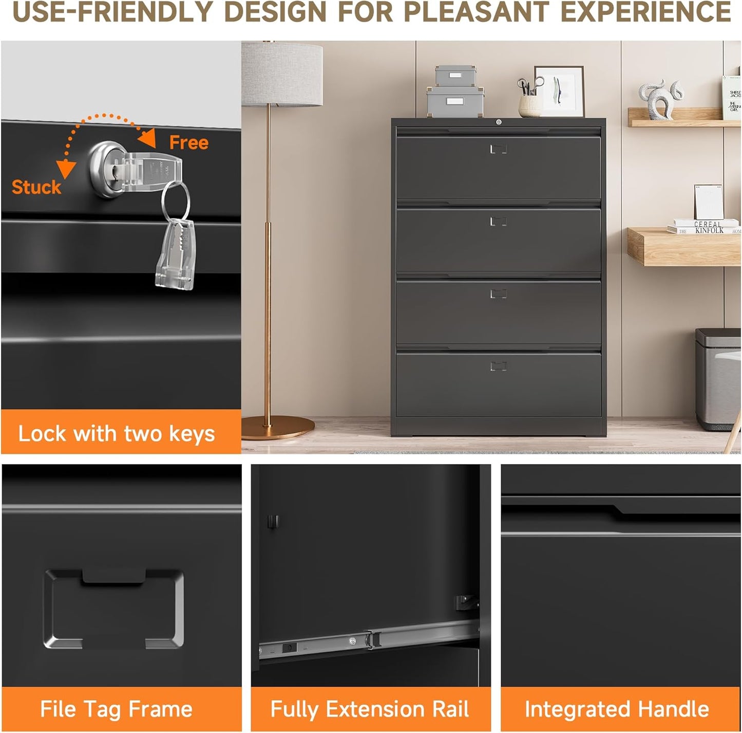 File Cabinet, 4 Drawer Metal File Cabinet with Lock, Lateral File Cabinet for Home and Office, Lateral File Cabinet for A4 Legal/Letter Size, Assembly Required (Black, 4 Drawer)