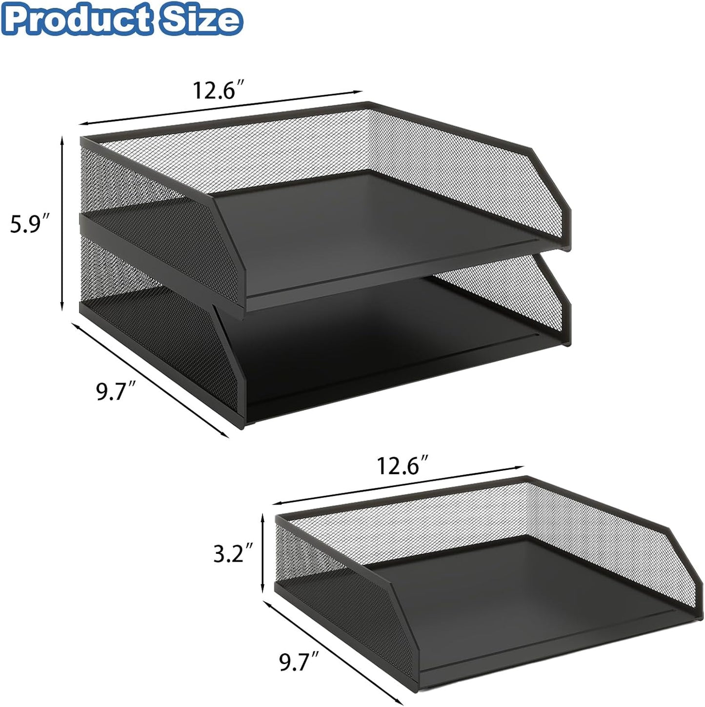 Natwind 2-Tier Stackable Paper Tray, Metal Mesh Desktop Organizer, A4 Desk Organizer, Stackable Letter Trays,File Folder Sorter Organizer with Sliding Tray for Home, Office, School (Black)