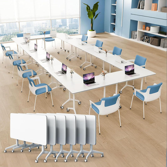6Pack Folding Conference Room Table, Modern Conference Tables with Silent Wheels, Large Rectangular Mobile Training Tables for Office Classroom, Foldable Modular Seminar Table White (L47.2in)