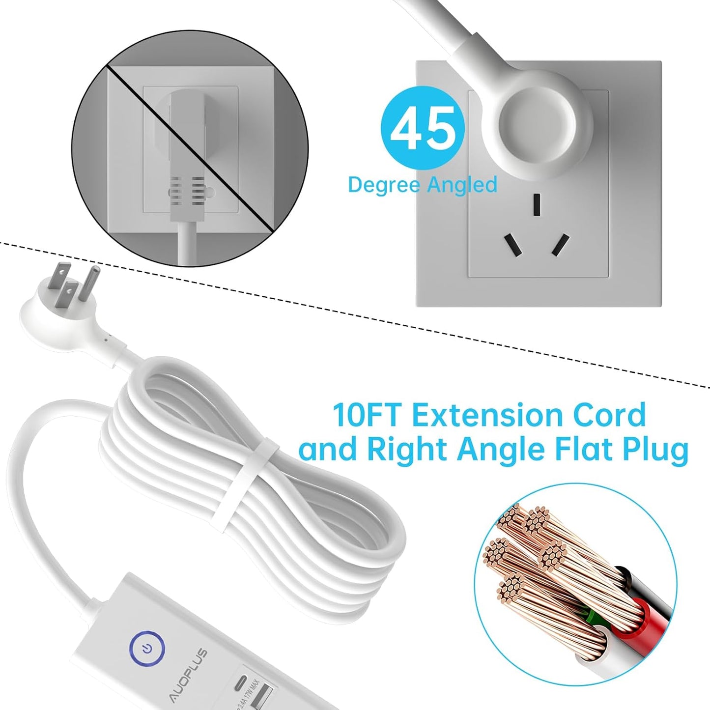 Power Strip Surge Protector with USB C Ports, AUOPLUS 6 Outlet and 4 USB Charger, 10FT Long Extension Cord Flat Plug(1250W/10A/2100J), Wall Mountable Overload Protection for Home Office Dorm