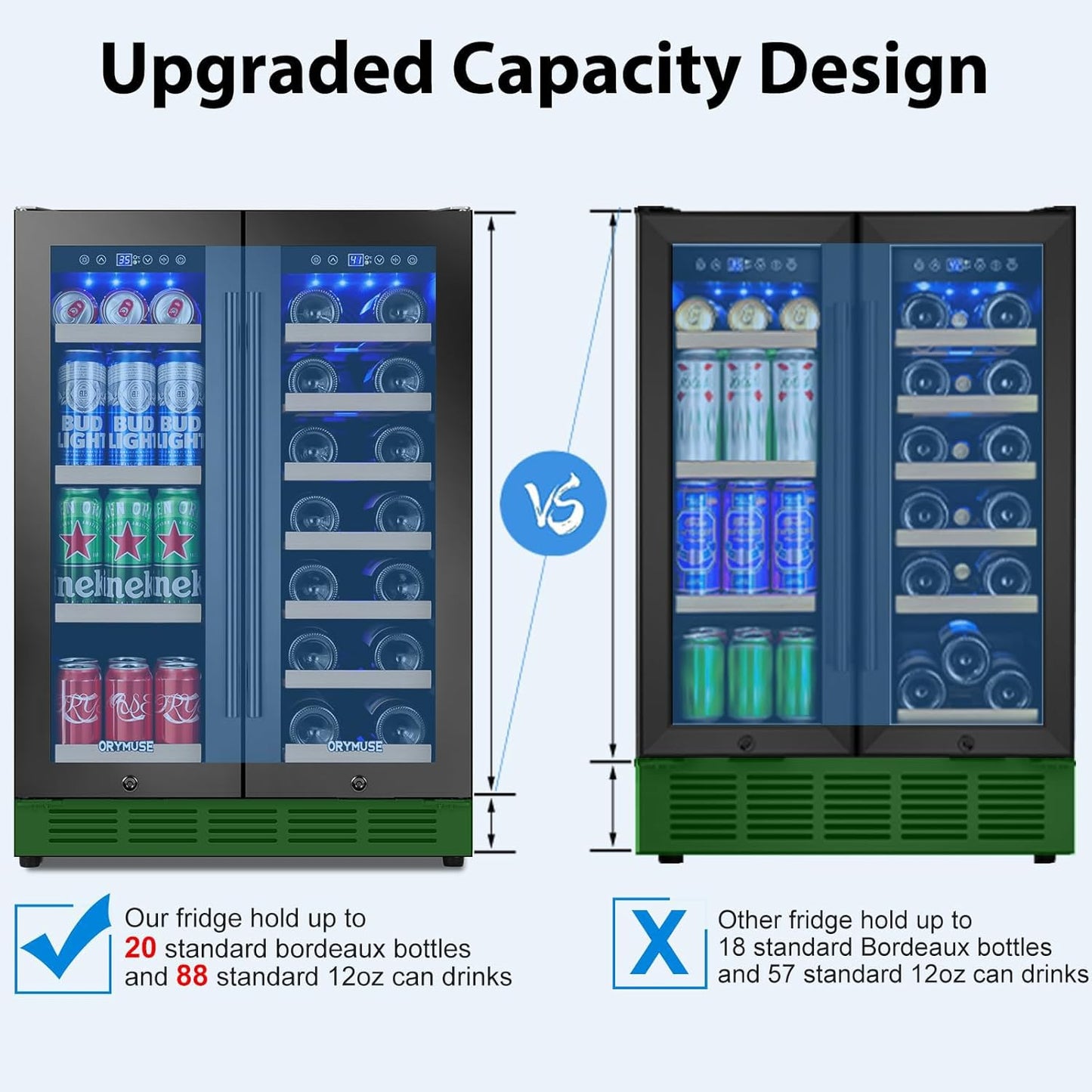 24" Dual Zone Wine & Beverage Refrigerator – Under Counter Cooler with Upgraded Cooling & Blue LED Light, Hold 20 Bottles and 88 Cans Large Capacity Wine Fridge, Built-In or Freestanding – Black