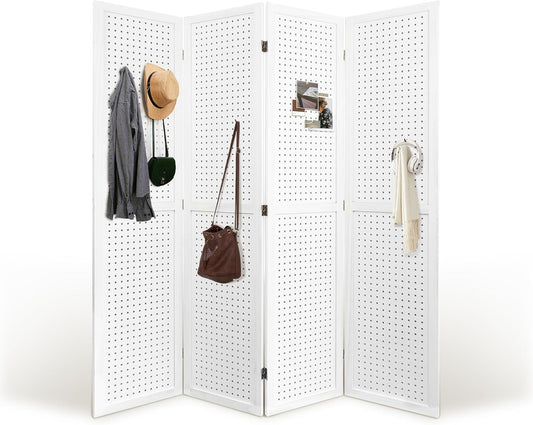 Room Divider, 5.6FT Folding Room Divider Panel, 4 Panel Pegboard Display Wood Partition Wall Divider for Room Separation& Craft Shows, White
