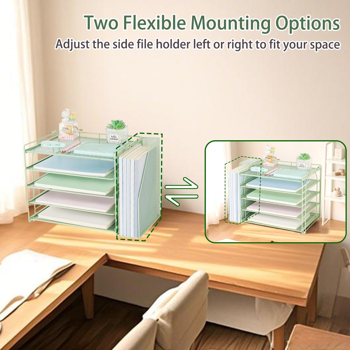 AUPSEN Green Desk Accessories Organizer,5-Tier Letter Tray Paper Organizer with Adjustable File Holder, Desktop Office Desk Accessories for Office Supplies