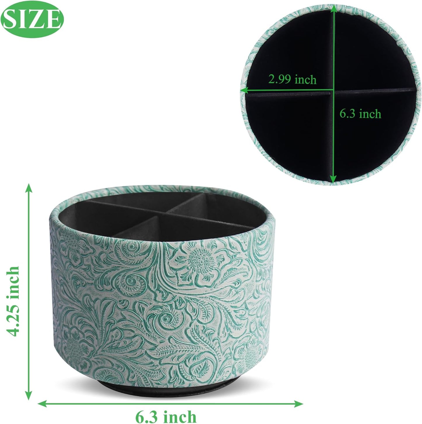 lizimandu Round Leather Art Supply Organizer,Remote Control Holder,360 Degree Spinning,Multi-Functional Pencil Holder,4 Compartments Desktop Stationary Organizer(1-Carved Stone Green)