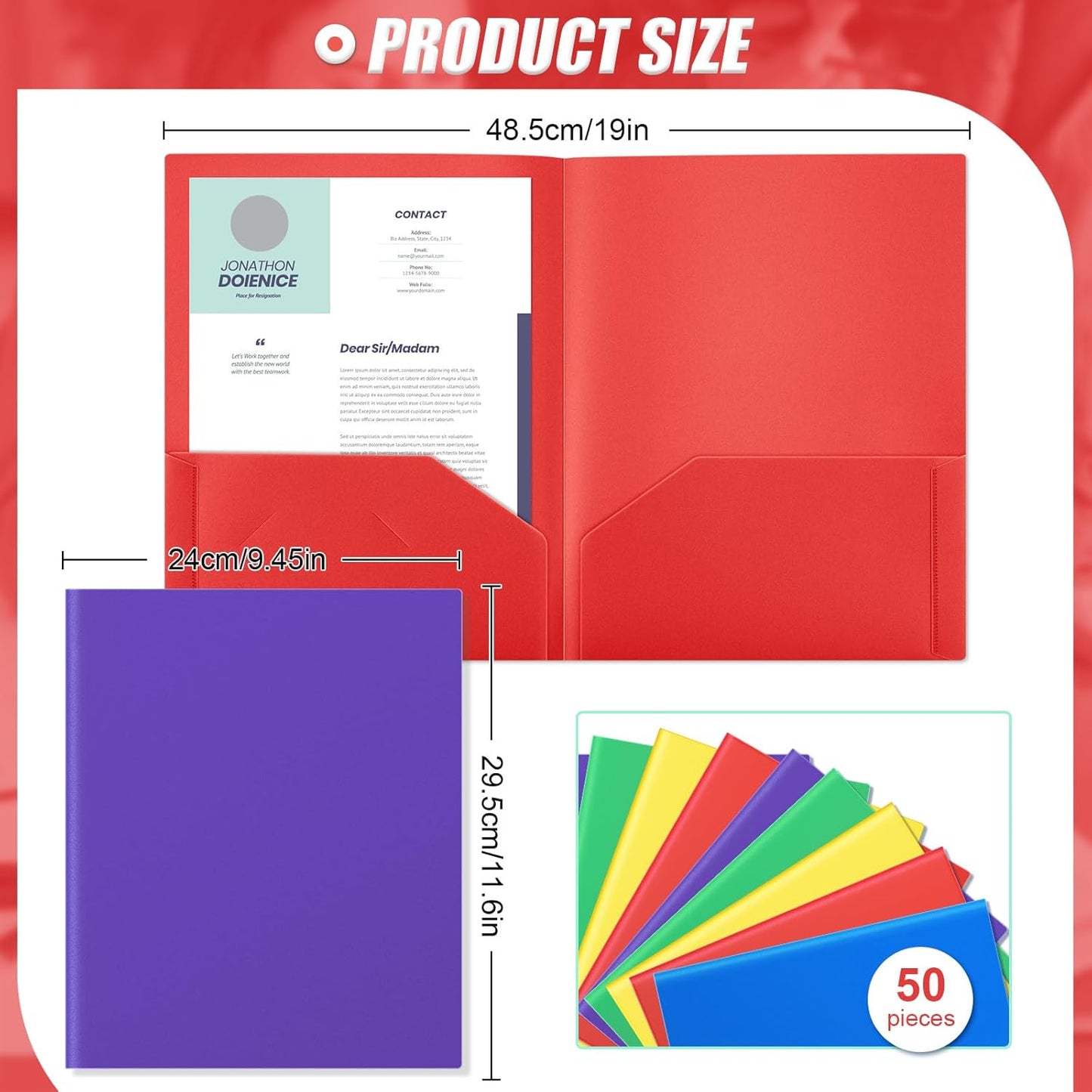 Gueevin 50 Pcs Plastic Folders with Pockets, Back to School Two Pocket Folder Fit Letter Size, Heavy Duty School Business Card Holder for Home Office, 11. 61 x 9. 45 Inches (Multicolor)