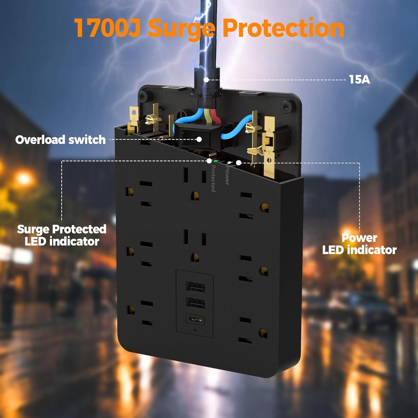 Surge Protector Power Strip Black, TESSAN Flat Plug Extension Cord 10 FT with 10 Widely AC Outlets 3 USB(1 USB C), 1700J Protection Multi Plug Charging Station for Home, Office, College Dorm Room