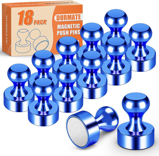 Strong Whiteboard Magnets, Small Cute Kitchen Magnets for Refrigerator, Blue Metal Magnetic Push Pins, 18 Pack Magnetic Clips for for Gadgets, Desk Accessories, Classroom, Bulletin Board