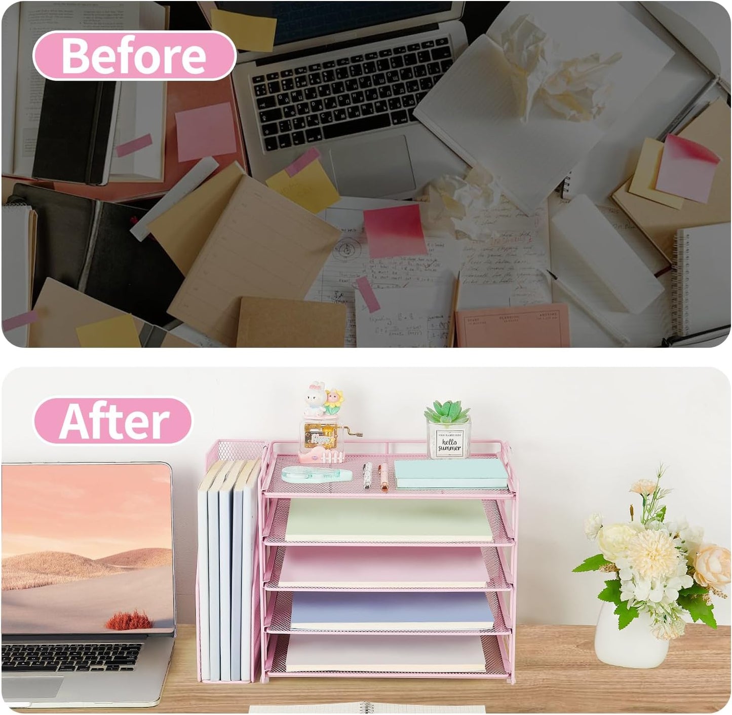 AUPSEN Pink Desk Organizers and Accessories,5-Tier Desktop Paper File Organizer with Adjustable File Holder, Office Desk Accessories for Office Supplies
