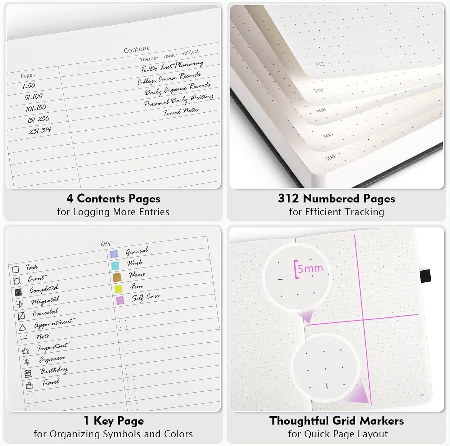 Bullet Dotted Journal Notebook, 312 Numbered Pages A5 Hardcover Leather Journal, 100gsm No Bleed Paper Dot Grid Notebook with Index Pages, Dot Journal for Women Men, 5.75" x 8.38", Pink