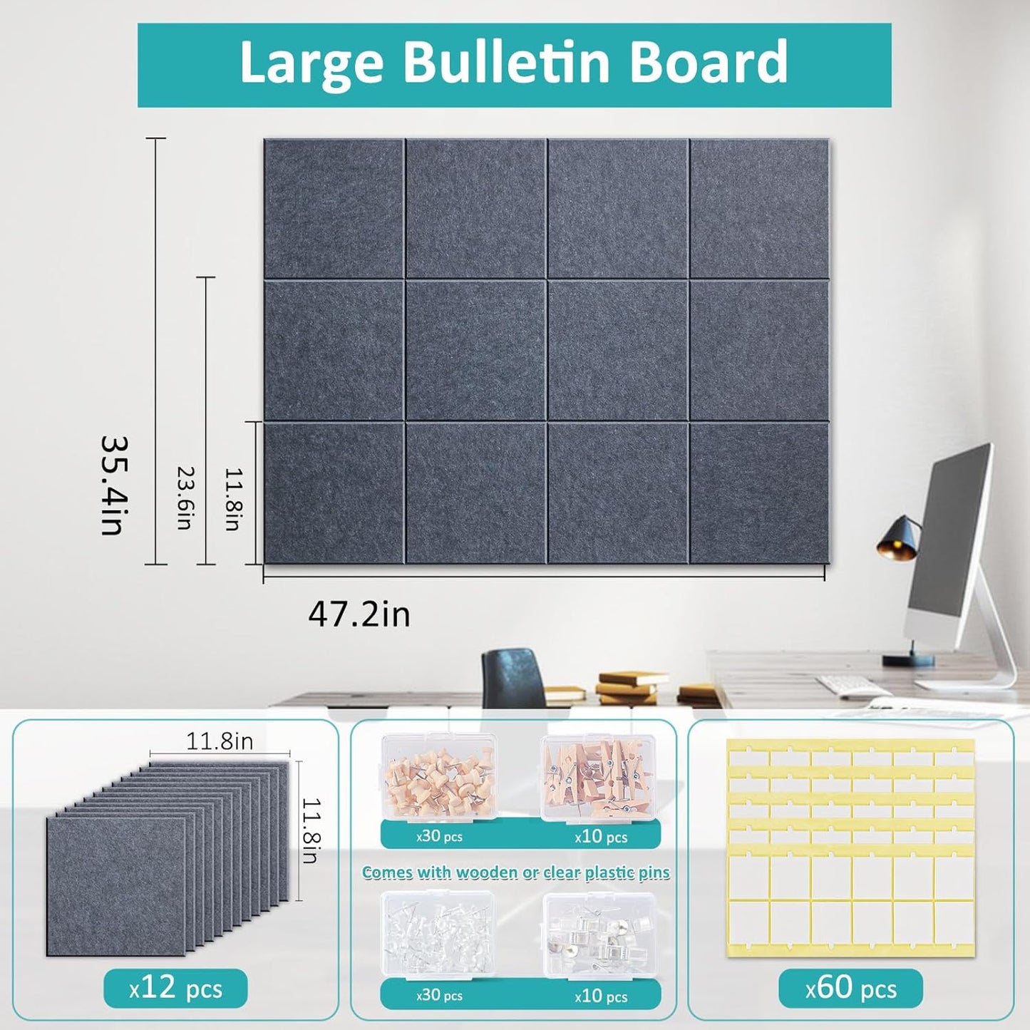 Large Cork Bulletin Board - 48" x 36" Cork Board for Walls - 12 Pack Felt Wall Tiles with Safe Removable Adhesive Tabs - Bulletinboard for Office Classroom Home Decor - Drak Grey