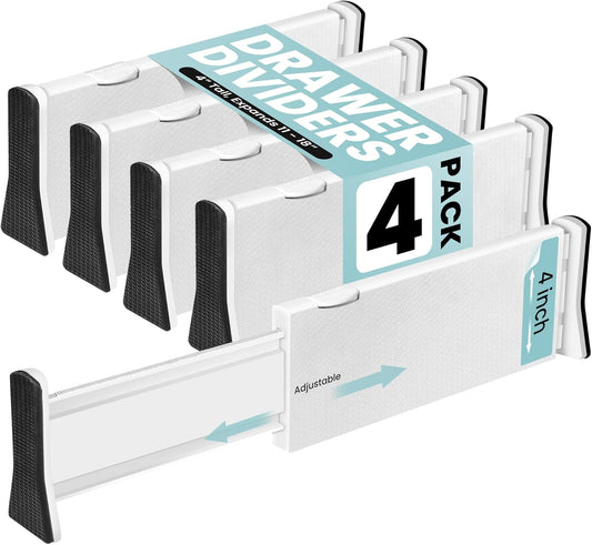 RAPTUROUS Adjustable Drawer Dividers 4 Pack, 4” High, 11-17” Long, Dresser Drawer Divider for Bedroom, Closet, Kitchen, Nursery Organization, Office, Strong & Sturdy Hold, Soft Foam Edges（White）