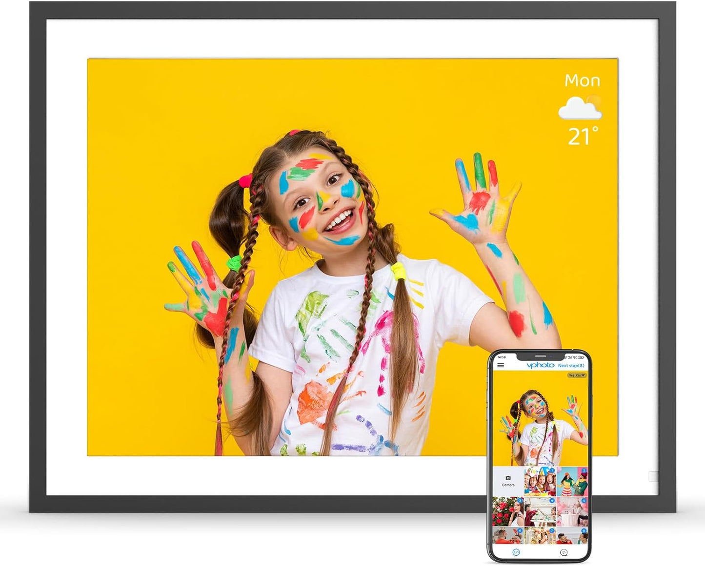 Large 32GB Digital Picture Frame Electronic Calendar - 16.2 Inch Wall Mountable Wi-Fi Picture Frame, Auto-Rotate, Motion Sensor, Share Photos Video via App Email, Free Cloud Storage, Gift for Him