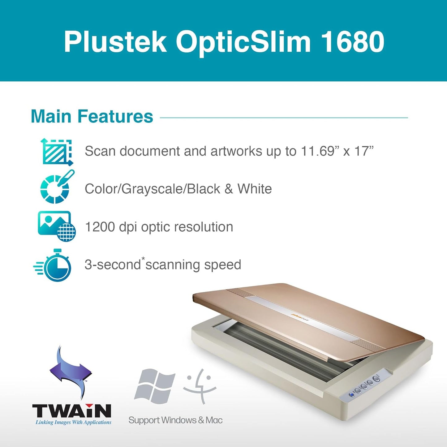Plustek OpticSlim 1680 - High Speed Large Format Flatbed Scanner, scan Tabloid Size in 3 Seconds. Dual View Function Enable You to Quickly Check The Image Adjustment Effect