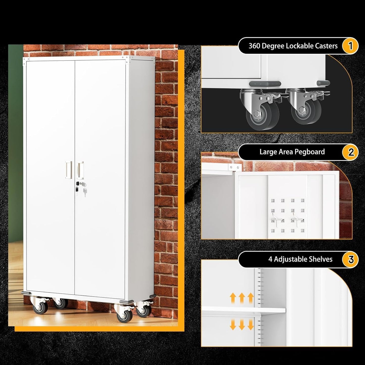 INTERGREAT Metal Garage Storage Cabinet, Lockable Rolling Tool Cabinets with Pegboard and Shelves, 72" Tall Heavy-Duty File Cabinet with Wheels for Garage, Basement, Warehouse, White