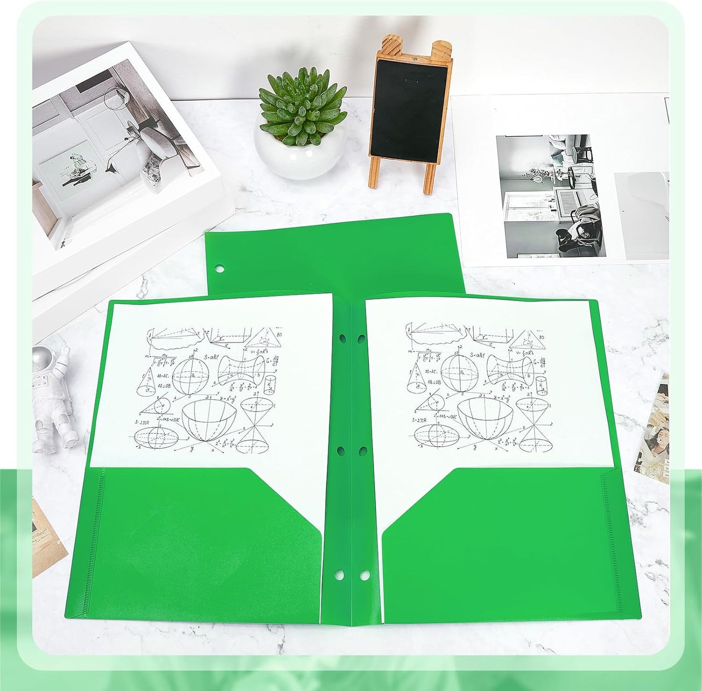 Yeaqee 50 Pcs Plastic Folders with Pockets Bulk 3 Hole Punched 2 Pocket File Folders for 3 Ring Binder Divider Folder for Notebooks, Durable Poly for Office Home (Green)
