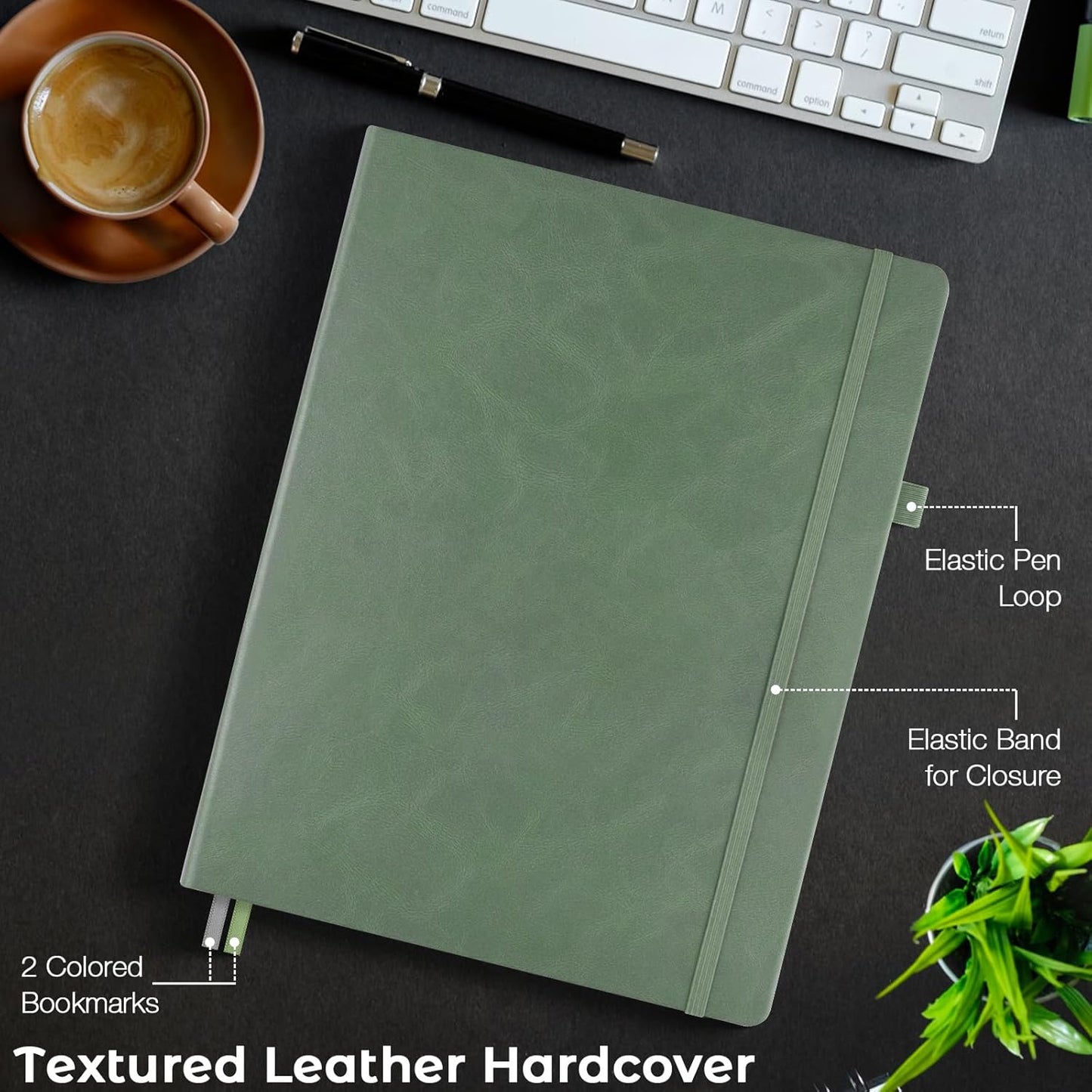 Lined Journal Notebook, 8.5" x 11" Hardcover Leather Notebook for Work, Wide Ruled Notebook Journal for Women Men, 192 Thick Paper, Lay Flat, 2 Pockets, A4 Large Journals for Writing, Green Journal