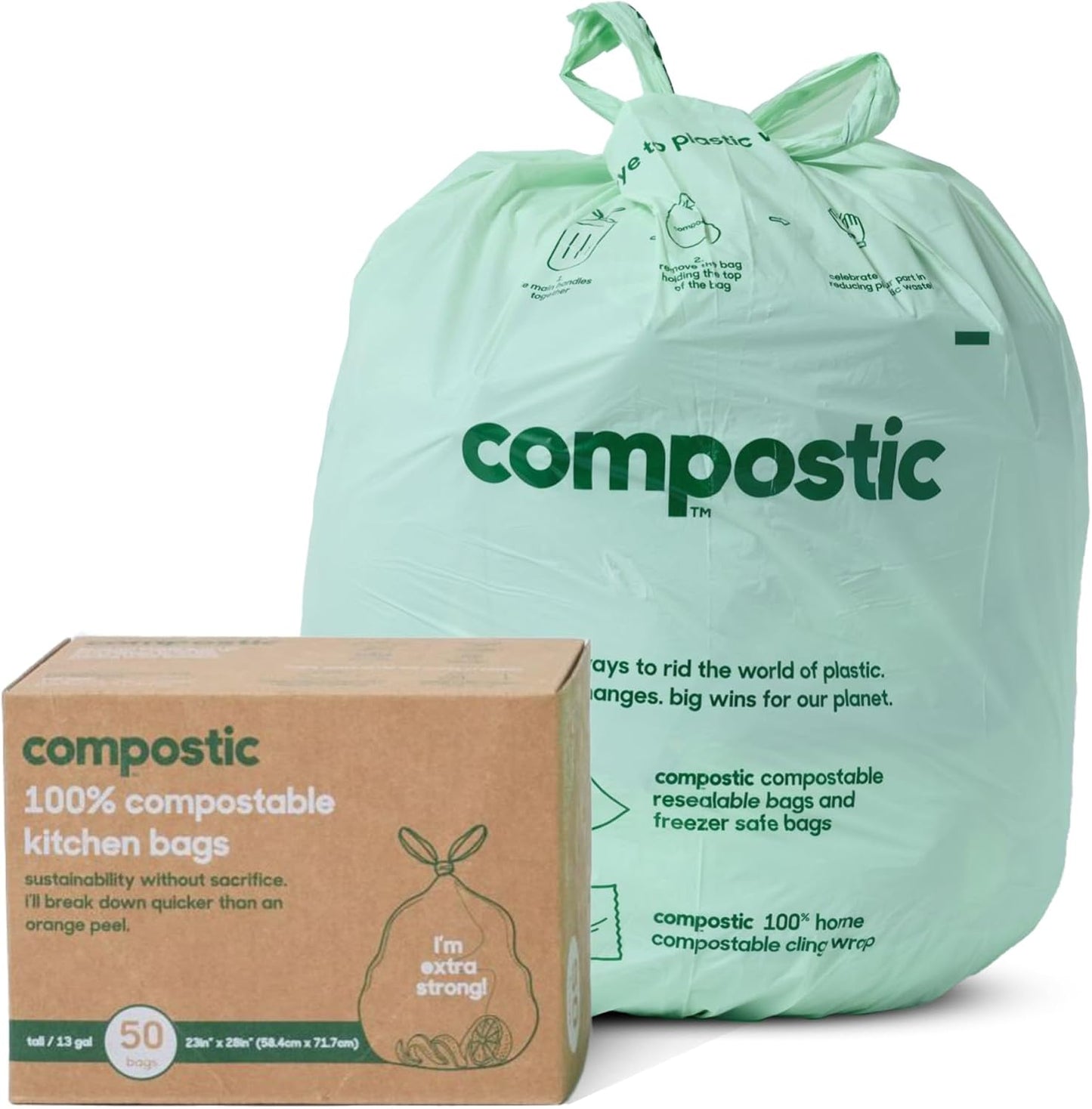 Home Compostable Trash Bags, 13 Gallon Tall Kitchen Rubbish Bags (23” x 29”), Extra Strong & Quickly Breaks Down, 50 Count