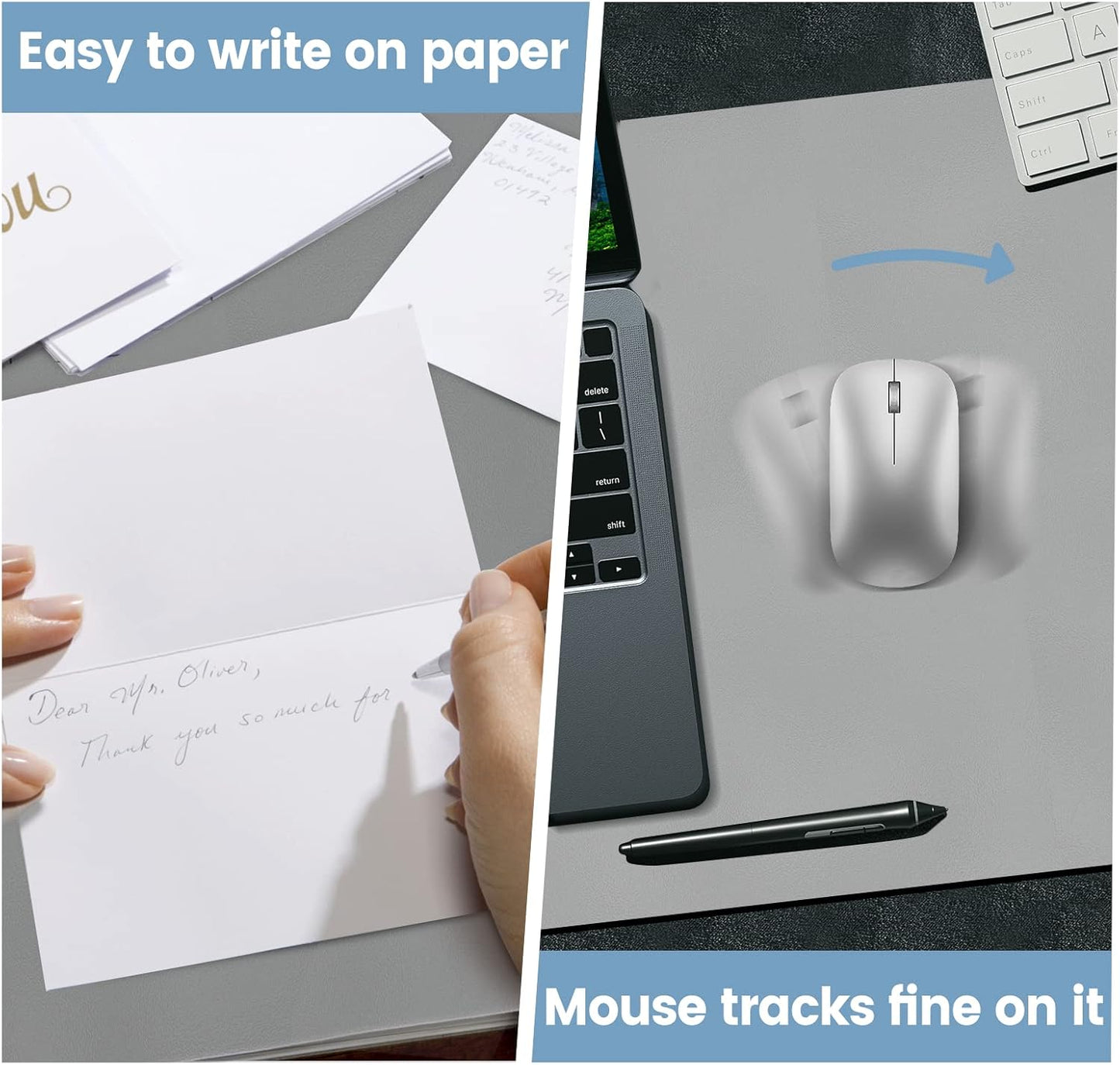 Desk Mat Wireless Charging Mouse Pad Large 32x16 Journey Desk Pad Mat with Wireless Charger Waterproof Grey Leather Computer Mat with Phone Charger Mousepad Non-Slip for Keyboard and Mouse