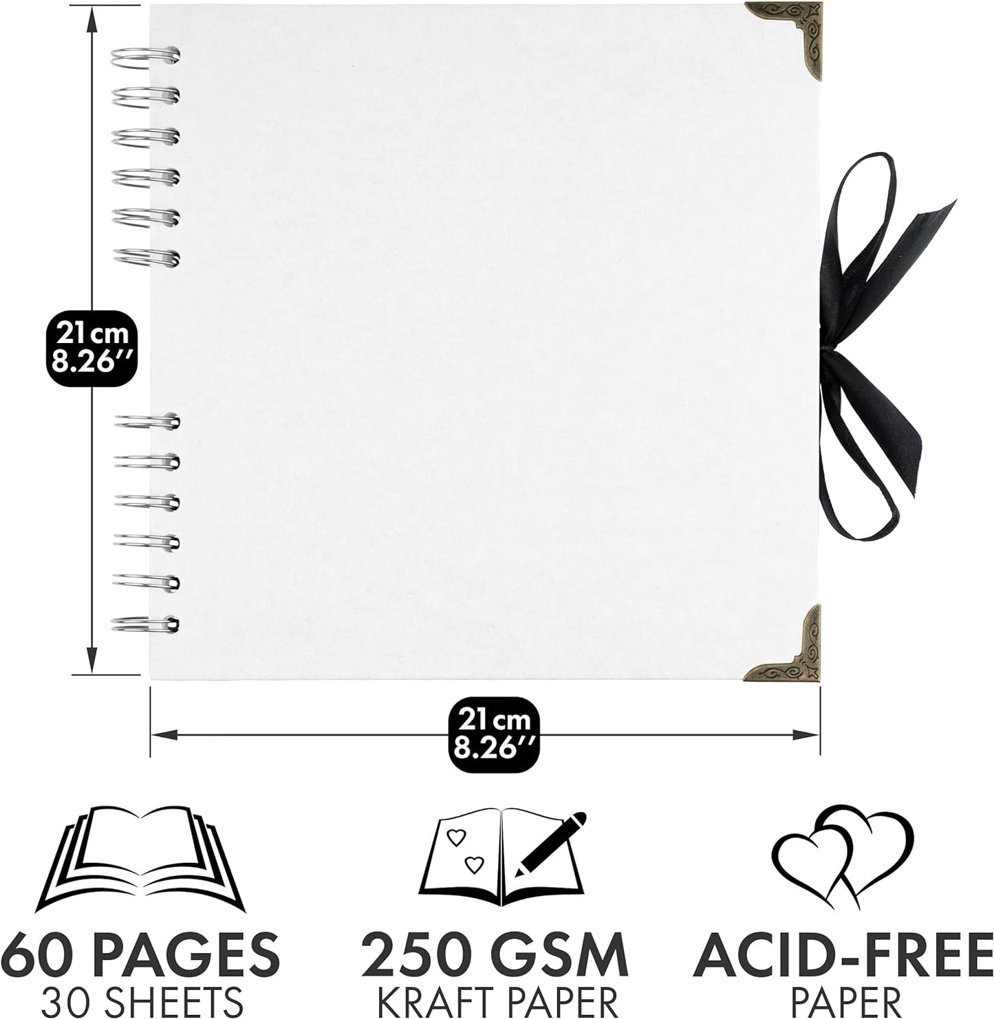 Bstorify Square Scrapbook Photo Albums 60 Pages (8 x 8 Inch) White Thick Paper, Hardcover, Metal Corners, Ribbon Closure - Ideal for Your Scrapbooking Albums, Art & Craft Projects (8 x 8 Inch, White)