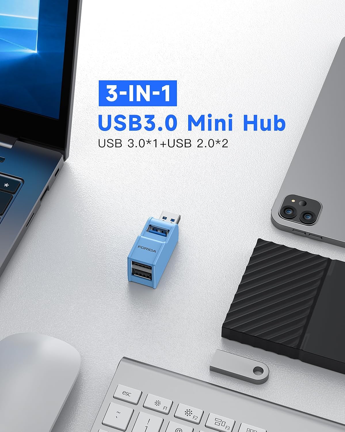 3 Ports USB 3.0 Adapter, USB Hub with 1 USB 3.0 and 2 USB 2.0 Port, Portable USB Port Splitter for Keyborad, Mobile Hard Disk, U Disk, Camera, Mouse,etc (Blue)