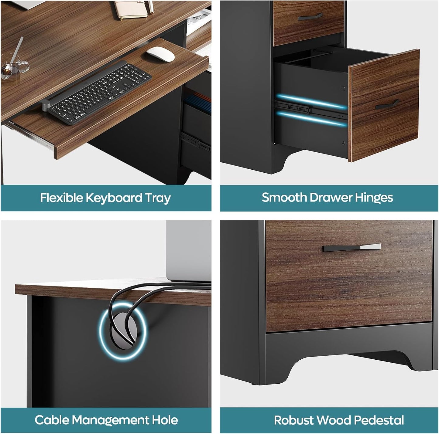 Bestier 48” Computer Desk with Drawers, Office Desk with Storage, Industrial Wood Writing Desk with File Drawer, Keyboard Tray & 2 Hooks for Home Office & Studio, Cherry