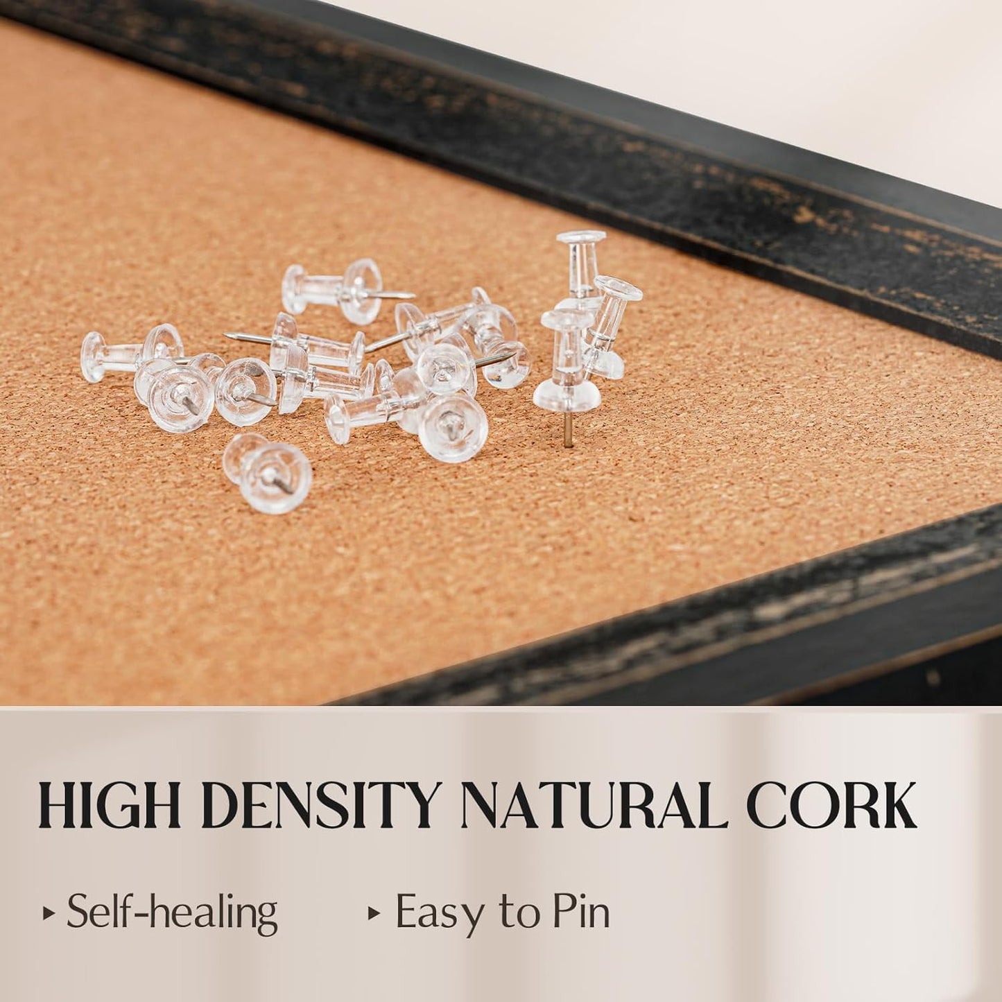 Cork Bulletin Board, 36" x 24" Corkboard for Wall, Rustic Black Wooden Frame, Hanging Pin Board for Home & Office Decor, 10 Push Pins